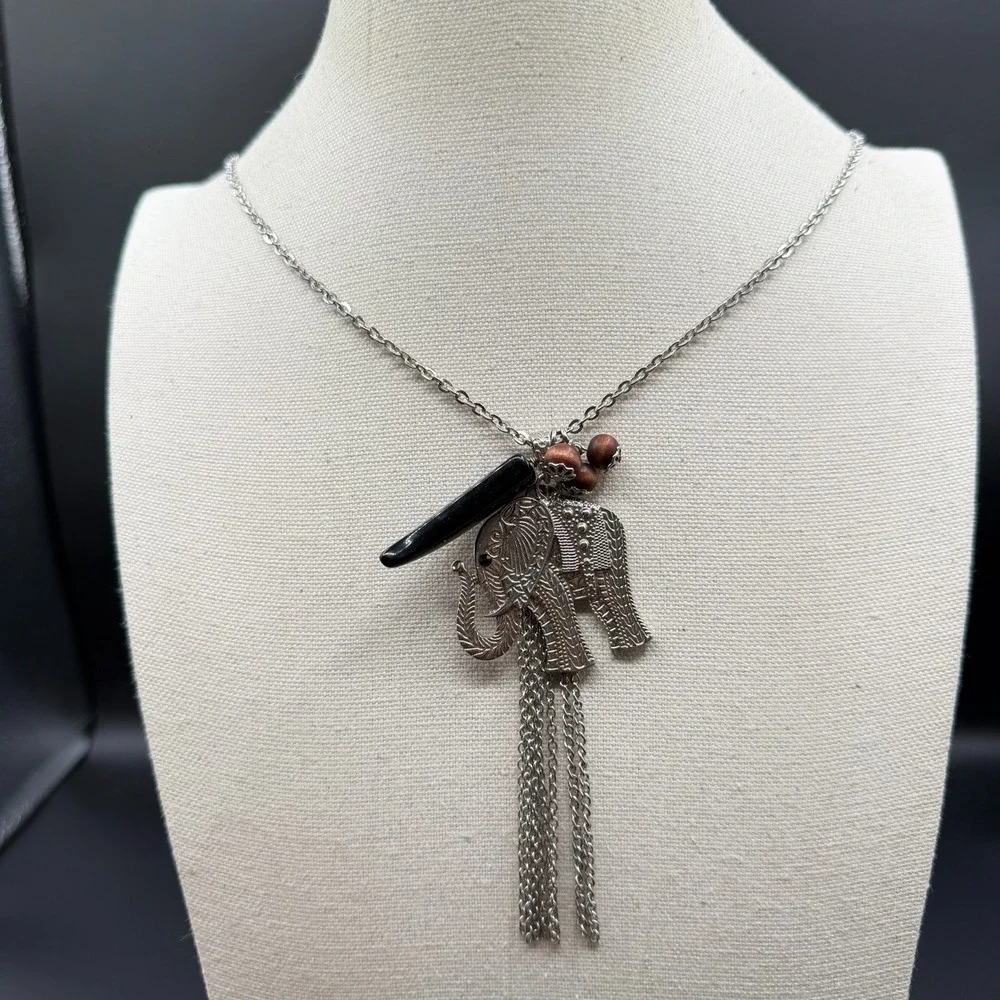 Elephant Statement Necklace Silver Tone Black Tusk Wood Beads Boho Tassel Gift